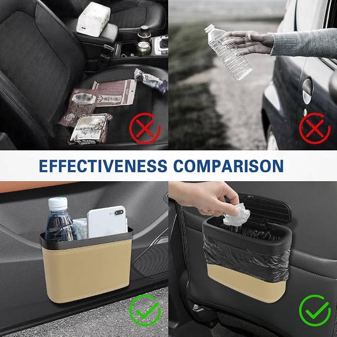 2PCS Car Trash Can with Lid, Press-Top Car Trash Bin with 30PCS Cars Trashs Bags, Small Automotive Dustbin Garbage Container Universal Fit Most Cars Office Home (2pcs-Beige)