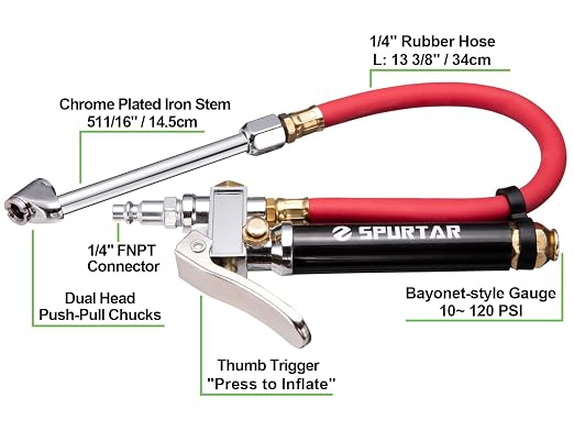 Spurtar 10-120 PSI Tire Pressure Gauge with Inflator Heavy Duty | Air Chuck Pressure Gauge with 4 Way Tool Valve Cores Air Compressor Attachments Tire Inflator Nozzle for Car Automotive Truck
