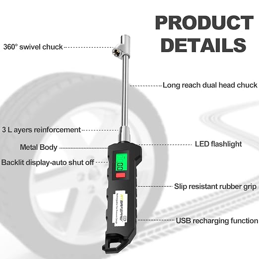 Chrome Plated Steel Dual Head Tire Inflator - 150 PSI, Backlight LCD & Flashlight, Rechargeable for Semi, Truck, RV & Cars