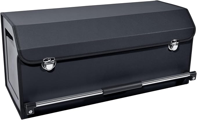 Car Organizer Trunk, Durable Collapsible Leather Trunk Organizer with Lid and Sturdy Handle, Auto Cargo Storage Compartments, SUV/Car Accessories for Men/Women (11.4 x 27 x 12.2, Black)