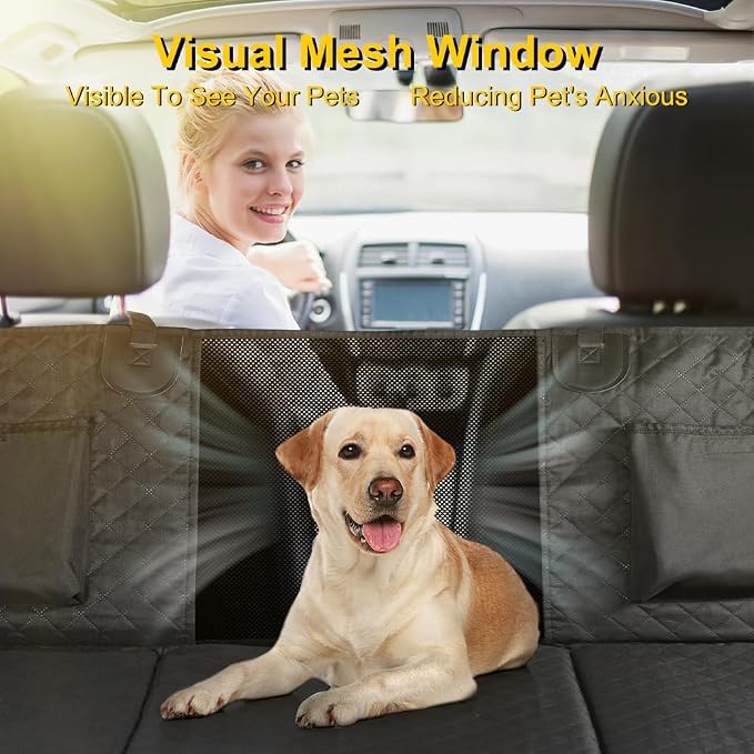 6 in 1 Car Seat Cover for Back Seat, 60/40 Split, 100% Waterproof with Mesh Window, Scratch Prevent Anti-slip Dog Hammock, Standard