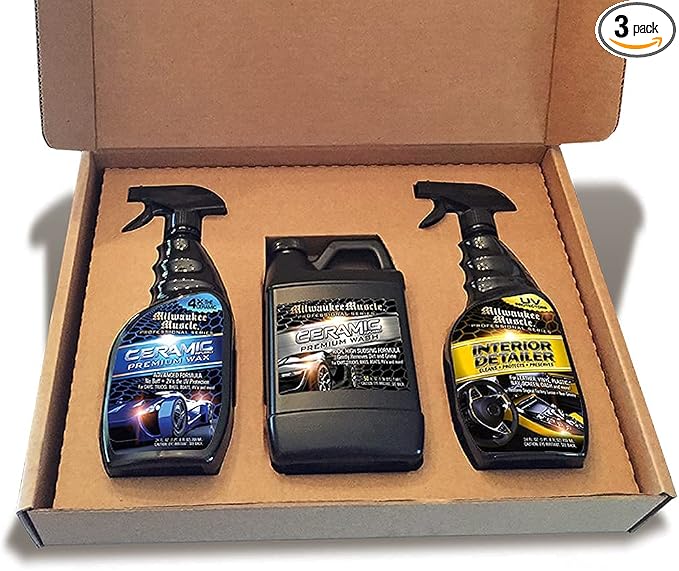 Premium Car Care Kit - 3 Pack Gift Set - Full Size Bottles Of: Ceramic Car Wash, Ceramic Wax Spray and Interior Cleaner
