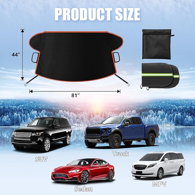 Car Windshield Cover for Ice and Snow, Windshield Snow Cover, Performance Brake Kits with Side Mirrors Cover, Fits Most Cars, Trucks, Vans, SUVs, Orange Strips