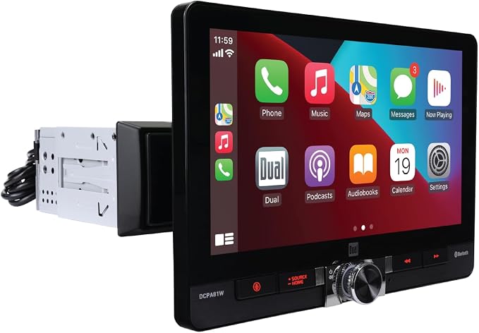 DCPA81W 8" Wireless CarPlay Android Auto Single/Double DIN | Fits single or double DIN, 8-inch touchscreen, certified wireless CarPlay, front & rear camera inputs, Bluetooth,USB charging