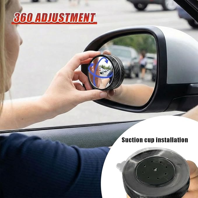 2PCS Car Blind Spot Mirror with Suction Cup, 360°Adjustable HD Glass Automotive Rear View Mirror, Universal Carbon Fiber Wide-Angle Side Mirrors for Cars, SUVs, Trucks(Black)