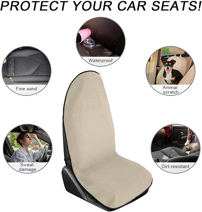 Waterproof Car Towel Seat Cover, Sweating Non-Slip Premium Towel Carseat Cover Protector, Universal Soft Machine Washable Car Truck SUV Front Seat Cover for Gym Workout Beach Hiking (Beige)