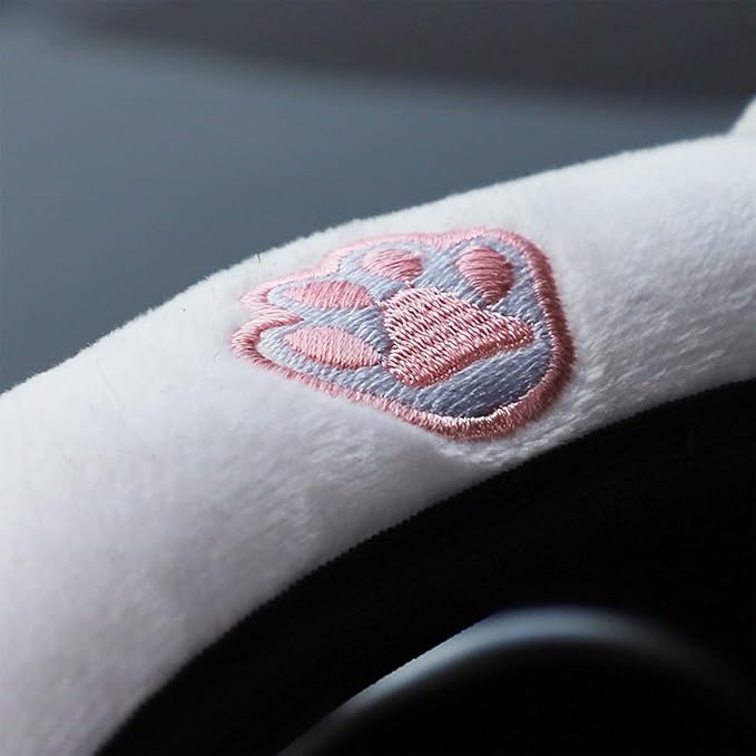 Car Steering Wheel Cover, Fluffy Soft Plush for Winter Warm, Cute Steering Wheel Protector with Kitty Cat Ears, Universal 15 Inch, Elastic & Anti-Slip, Lovely Decor Car Accessories (Pink)