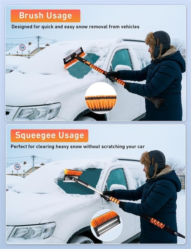 49" Extendable Squeegee Snow Brush and Ice Scraper for Car Windshield & Windows | 270° Telescopic Snow Broom with Pivoting Squeegee | Heavy Duty Car Snow Removal Tool for SUV, Truck & Car