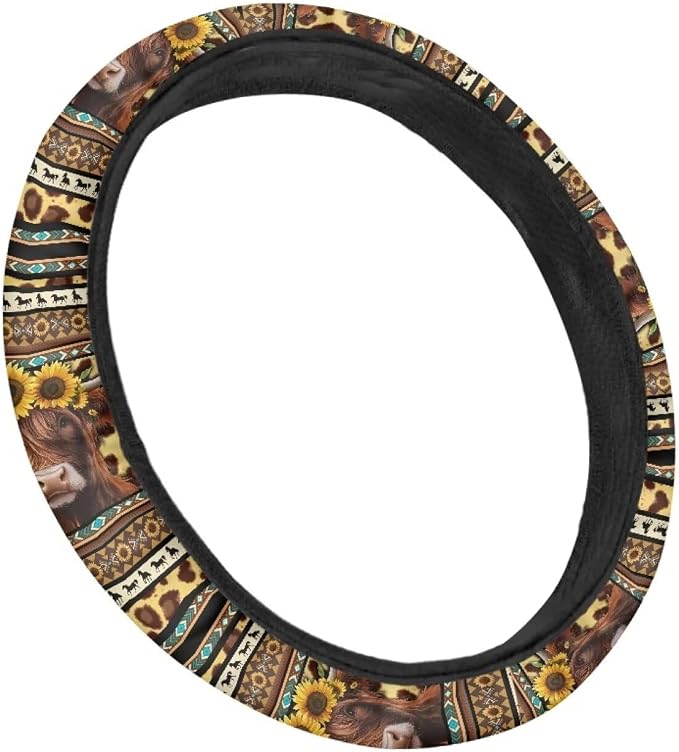 Aztec Highland Cow Sunflower Leopard Print Auto Car Steering Wheel Cover for Women Men, Universal 15 Inch Soft Elastic Anti-Slip Easy to Install Car Accessories