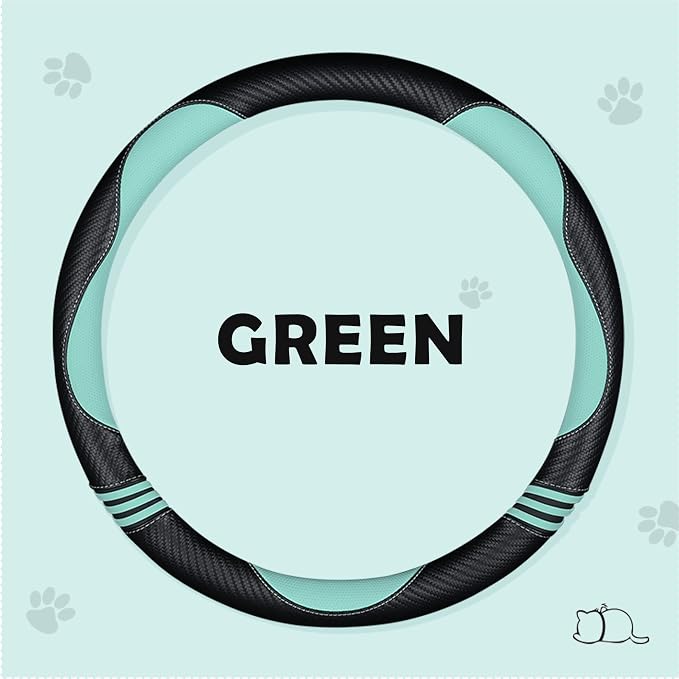 Car Steering Wheel Covers for Women Girl Padded Carbon Fiber PU Leather Cute Cartoon Auto Interior Accessories for Jeep, Truck, Universal, Anti Slip, Green, Large Size, 15.2-16in
