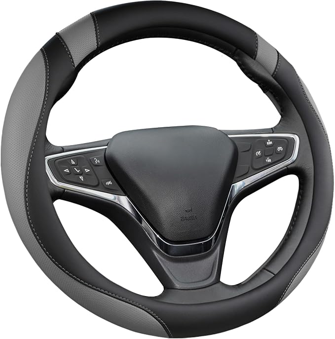 Customized Auto Car Steering Wheel Cover for Chevy Silverado,Tahoe,Equinox,Traverse,Trailblazer,Colorado(Black+Gray - Standard Size)