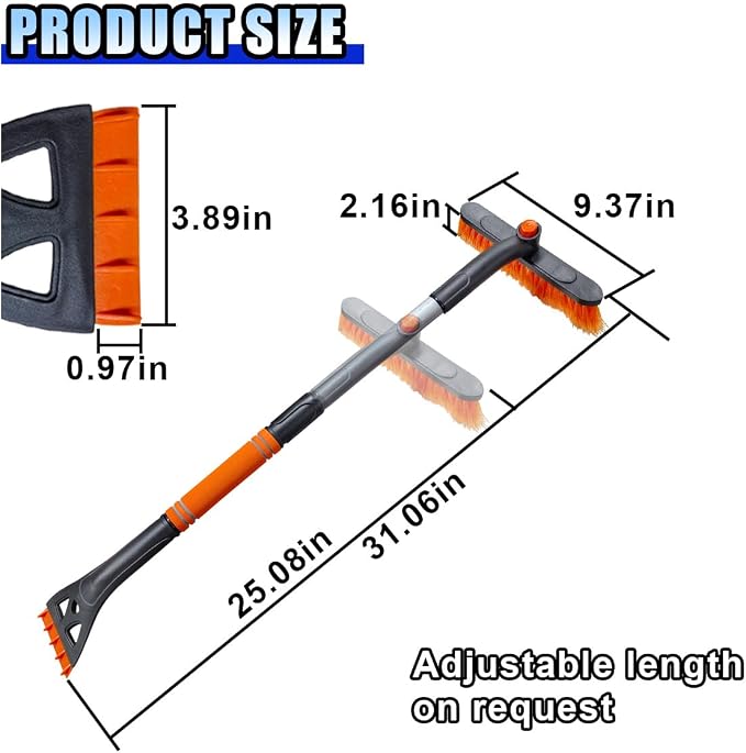 31.5" Detachable Snow Brush and Ice Scraper for Car Windshield, 2-in-1 Winter Snow Removal Tool with Extendable, 360° Rotating Soft Bristle Brush Head and Foam Grip for Most Vehicles (2PCS&Orange)