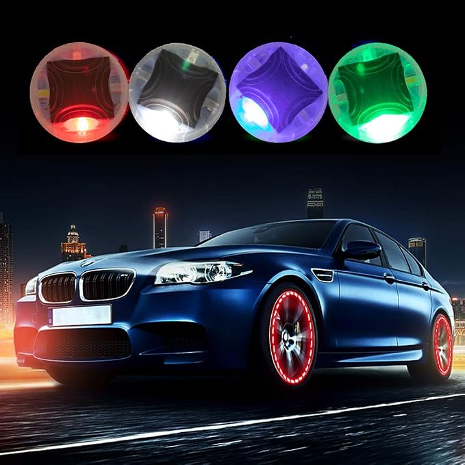 Car Tire Wheel Lights, 4Pcs Air Valve, Solar Valve Cap with Motion Sensors Colorful Flashing LED Light Gas Nozzle for Bicycle Motorcycles