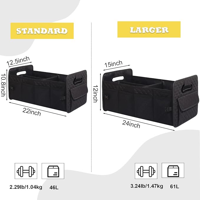 Car Trunk Organizer for SUV, Car Storage Organizer Collapsible Multi Compartment Container Box, Adjustable Car Accessories for Women/Men, Large Black