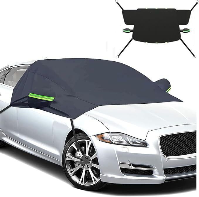 Car Windshield Cover for Ice and Snow - Universal Fit for Cars, SUVs, Trucks, Heavy Duty Oxford Fabric Frost Protector for Ice and Snow,Triple-Window Cover (Oxford Cloth -Green Reflective Strips)