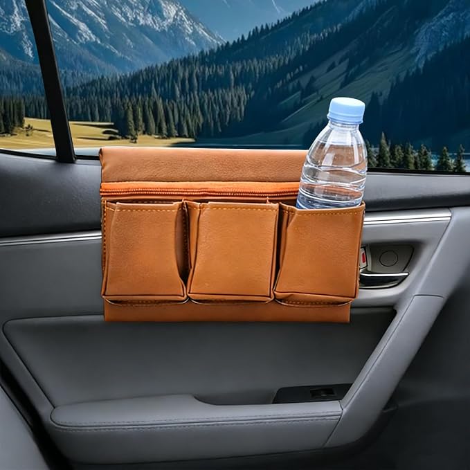 Car Window Armrest Storage Box, Leather Automotive Side Door Arm Rest Pad Organizer with Multiple Pocket, Multifunctional Vehicle Armrest Elbow Pad Storage Bag, Universal Fit (Brown)
