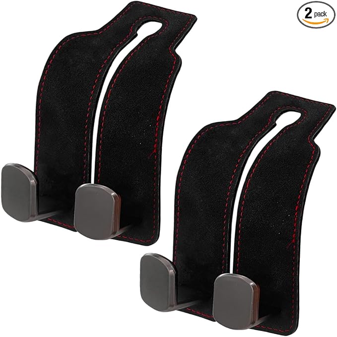 Car Seat Back Double Hooks for Headrest, Leather Car Back Seat Hooks for Purse and Bags, Upgraded 2 in 1 Purse Hook for Car Seat, Universal Vehicle Headrest Hangers for Car, Home (Black, 2PCS)