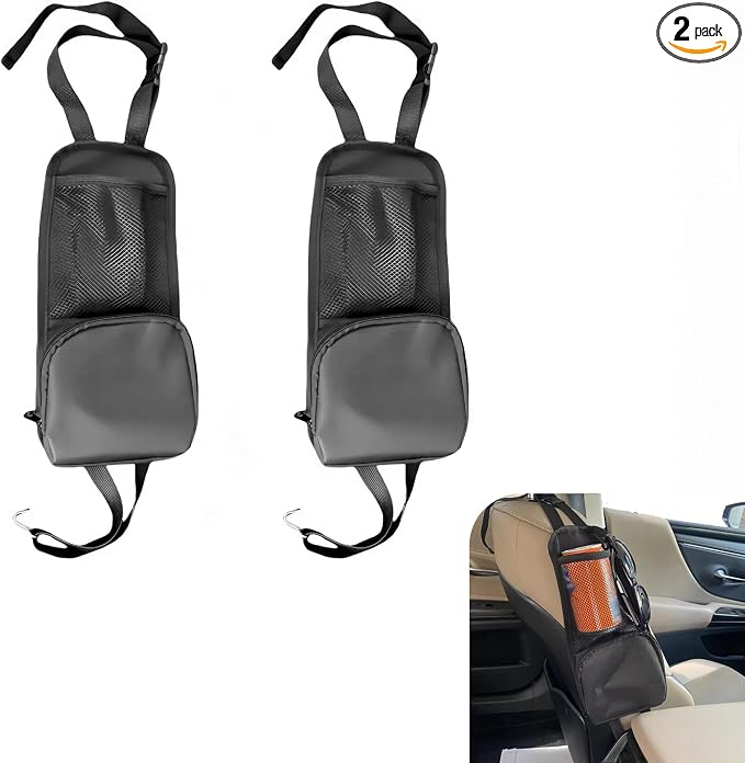 2PCS Car Seat Side Organizer, Multi-Pocket Storage Hanging Bag, Multifunctional Mesh Net Pocket, Holds Phones, Drink, Glasses, Wallet, for Cars, Trucks, Black