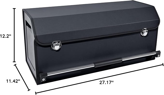 Car Organizer Trunk, Durable Collapsible Leather Trunk Organizer with Lid and Sturdy Handle, Auto Cargo Storage Compartments, SUV/Car Accessories for Men/Women (11.4 x 27 x 12.2, Black)