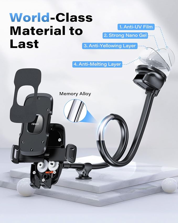Solid Car Truck Phone Mount Holder with 14-Inch Gooseneck Long Arm, Windshield Window Mobile Holders w/Industrial-Strength Suction Cup, Anti-Shake Stabilizer Compatible All Cell Phones, Black