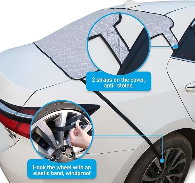 Car Rear Windshield Snow Ice Cover, Windproof Rear Windscreen Snow Cover with 2 Elastic Hooks, 4 Magnets, All-Weather Waterproof Winter Ice Frost Snow Protector for Most Sedans Cars