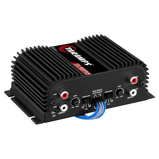 TS 400x4 2 Ohms Black Multichannel Stereo Amplifier 400 Watts Rms, 4 Channels, Full Range, Car Audio Digital 2 Bridged Channel, Crossover High/Low Pass, with RCA and Automatic High Level Input