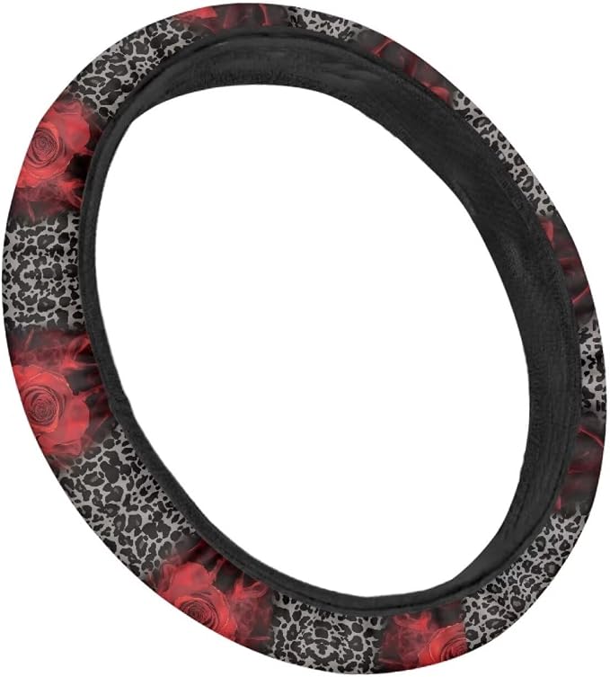 Retro Leopard Print Rose Sunflower Cow Pattern Wear-Resistant Steering Wheel Cover Fit for 15 inches Car Wheel Protector Automotive Accessories Universal Fit Car Van SUV Truck