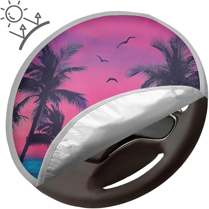 Car Steering Wheel Cover Sun Shade Aluminum Foil Auto Interior Protector Block UV Rays Cool in Summer, Vehicle Accessories Universal for Women Men, Palm Tree