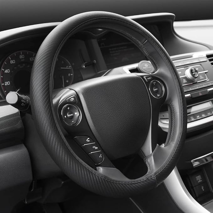 UltraSport Series Steering Wheel Cover-Synthetic Leather Perforated Design & Stitching, All Black Carbon Fiber