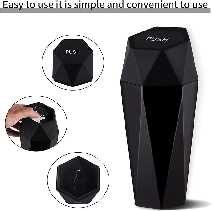 Car Trash Can with Lid, Diamond Design Small Automatic Portable Trash Can, Easy to Clean, Used in Car Home Office Interior Accessories, 2PCS (Black)