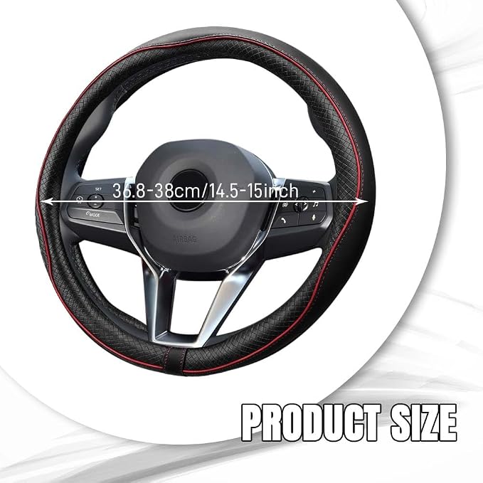 Car Steering Wheel Cover, Durable Leather Cover with Anti-Slip Lining, Breathable Auto Wheel Cover Protector, Universal 15 Inch Anti-Slip Steering Wheels for Men & Women (Black Red)