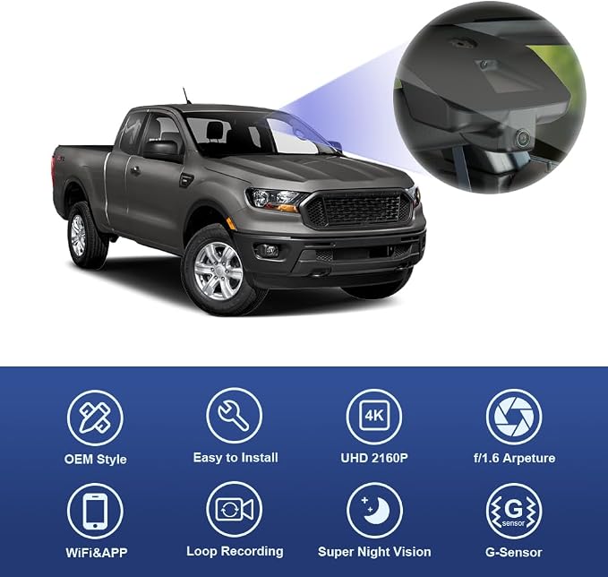 4K Dash Cam Suitable for Ford Ranger 2019-2023 XL XLT Lariat (Has Rain Sensor), OEM Factory Look, UHD 2160P Video, Built-in WiFi & APP, Loop Recording, G-Sensor, Easy to Install, 64GB Card