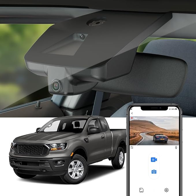 4K Dash Cam Suitable for Ford Ranger 2019-2023 XL XLT Lariat (Has Rain Sensor), OEM Factory Look, UHD 2160P Video, Built-in WiFi & APP, Loop Recording, G-Sensor, Easy to Install, 64GB Card