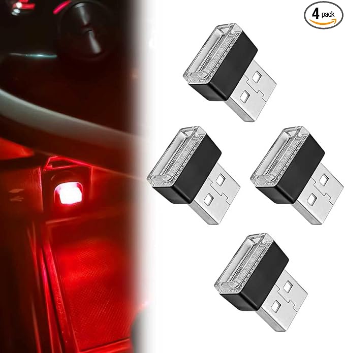 4 PCS USB LED Car Interior Ambient Lighting Kit, Portable Plug-in Atmosphere Lamp Decor Night Light, Universal Vehicle Interior Accessories for Most Cars (Red)