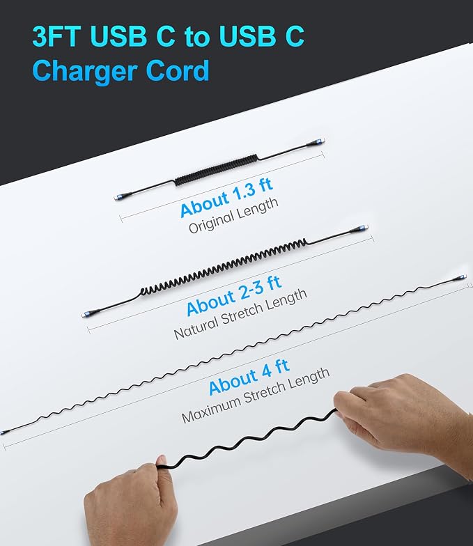 USB C Cable 100W 3FT Coiled USB C to USB C Charger Cable for Car, 2Pack Short Type C Cable Fast Charging Cable for iPhone 17/16/15/Plus/Pro Max/Samsung Galaxy S23, Compatible All Type C Devices,Blue