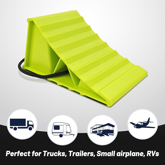2 Pair Wheel Chocks for Travel Trailers, Non Slip Heavy Duty Green Wheel Chock with Rope, Lightweight Wheel Stoppers for Cars Campers Trucks RVs, Easy to Carry & Suitable for Most Tyre Sizes