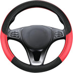 Leather Patchwork Black Red Steering Wheel Cover, 14.5-15 Inch Non-Slip Breathable Microfiber Car Steering Wheel Protector