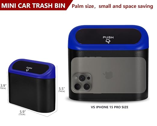 2 Pack Mini Car Trash Can with Lid, Small Car Garbage Can, Cute Leakproof ABS Car Trash Bin, Car Accessories for Interior, Garbage Bin for Car, Home, Office with 120pcs Trash Bags Black/Blue