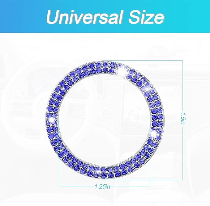Bling Car Engine Start Ring Decals, 2PCS Crystal Rhinestone Vehicle Push Start Button Cover Sticker, Key Ignition Knob Ring, Sparkling Automotive Interior Accessories (Double Royal Blue)