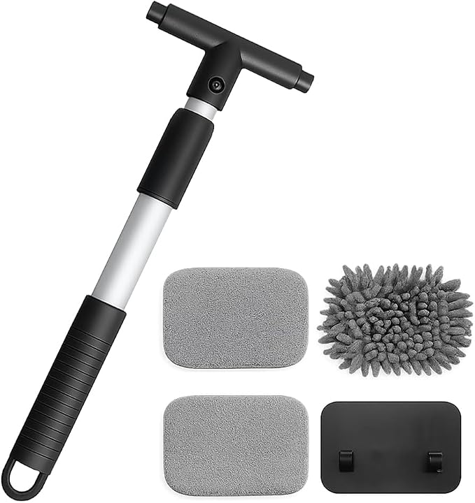 Car Windshield Cleaner Tool, Extendable Handle Rectangular Vehicle Window Cleaner with 3 Washable and Reusable Microfiber Pads, Auto Windscreen Cleaning Tool, Universal Fit