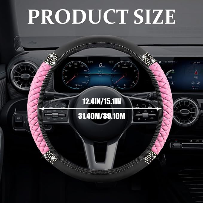 Bling Soft Leather Steering Wheel Cover, Steering Wheel Protector, 15 Inch Rhinestones Car Elastic Protector with Crystal Diamond for Women Girls, Car Accessory for Vehicles (Pink)
