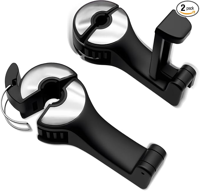 2PCS Car Headrest Hidden Hook, Purse Hook for Car, 2 in 1 Vehicle Back Seat Headrest Mobile Phone Holder, 360° Rotating Backseat Organizer for Handbag Clothes Grocery Fit Vehicles (Silver)