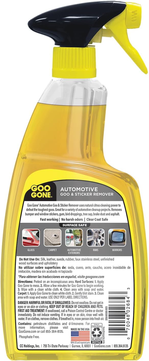 Automotive Adhesive Remover, Goo & Grime Cleaner for Bumper Stickers, Decals, Tree Sap, Brake Dust, Bird Droppings, Gum, Spray Paint, Asphalt, 24 oz with MicroFiber Buffing Towel
