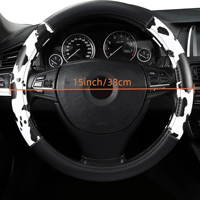 Cow Print Steering Wheel Cover, Universal 15 Inch Cute Steering Wheel Cover for Women, Breathable Anti-Slip Car Steering Wheel Protector, Fashion Auto Interior Accessories for Cars, SUVs & Trucks