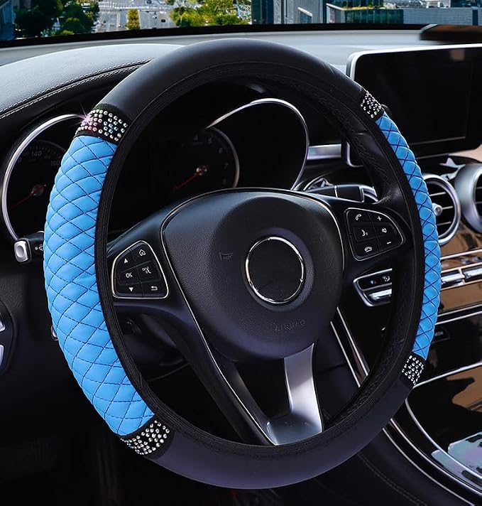 Microfiber Leather Steering Wheel Cover With Anti-Slip Lining Universal Car Accessory for Steering Wheel with a Diameter of 14.5-15 inch (Blue)