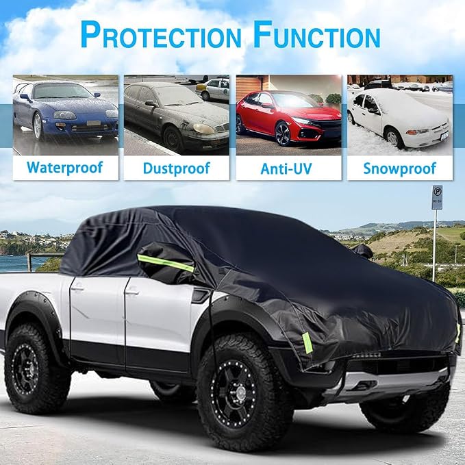 Half Car Cover All Weather Car Body Cover for All Season Sunshade Cover Snow Cover Waterproof 210D Polyester with Cotton (Fit Small and Medium Size Pickup (Crew Cab))
