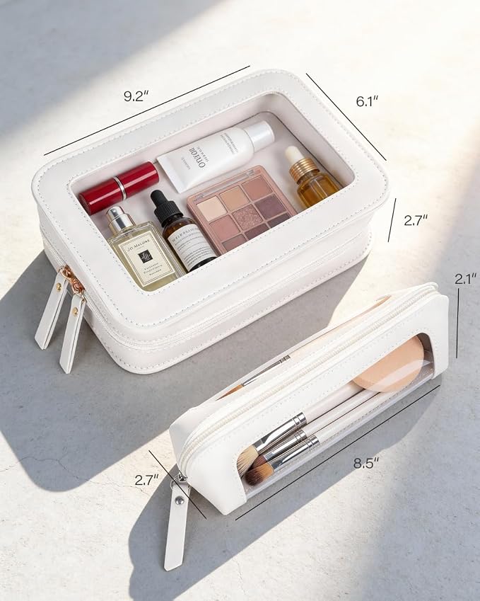 2Pack Clear Makeup Bags Set,Portable Makeup Brush Bag,Portable Leather Travel Toiletry Bag Car Eessntials for Women (White)