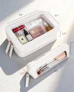 2Pack Clear Makeup Bags Set,Portable Makeup Brush Bag,Portable Leather Travel Toiletry Bag Car Eessntials for Women (White)
