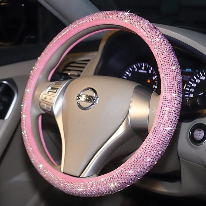 Pink Bling Steering Wheel Cover for Women Sparkly Rhinestone Bedazzled Car Accessories Diamond Cute 15.5-16 inch for Large Size Steering Wheel