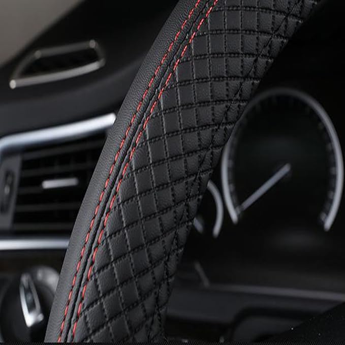 Car Steering Wheel Cover, Leather, Universal 15 Inch Fit, Anti-Slip & Odor-Free (Black&Red)